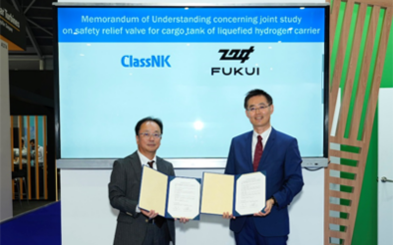 Fukui Seisakusho Co., Ltd. (FUKUI) and ClassNK have inked a Memorandum of Understanding (MoU) to conduct a cooperative study on a safety release valve for a cargo tank of liquefied hydrogen carriers.