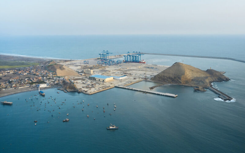 Chancay seaport. Located in Peru, Mega port under construction by the Chinese company COSCO SHIPPING, South American maritime hub with mega ship capacity. Chacay Lima, Peru.